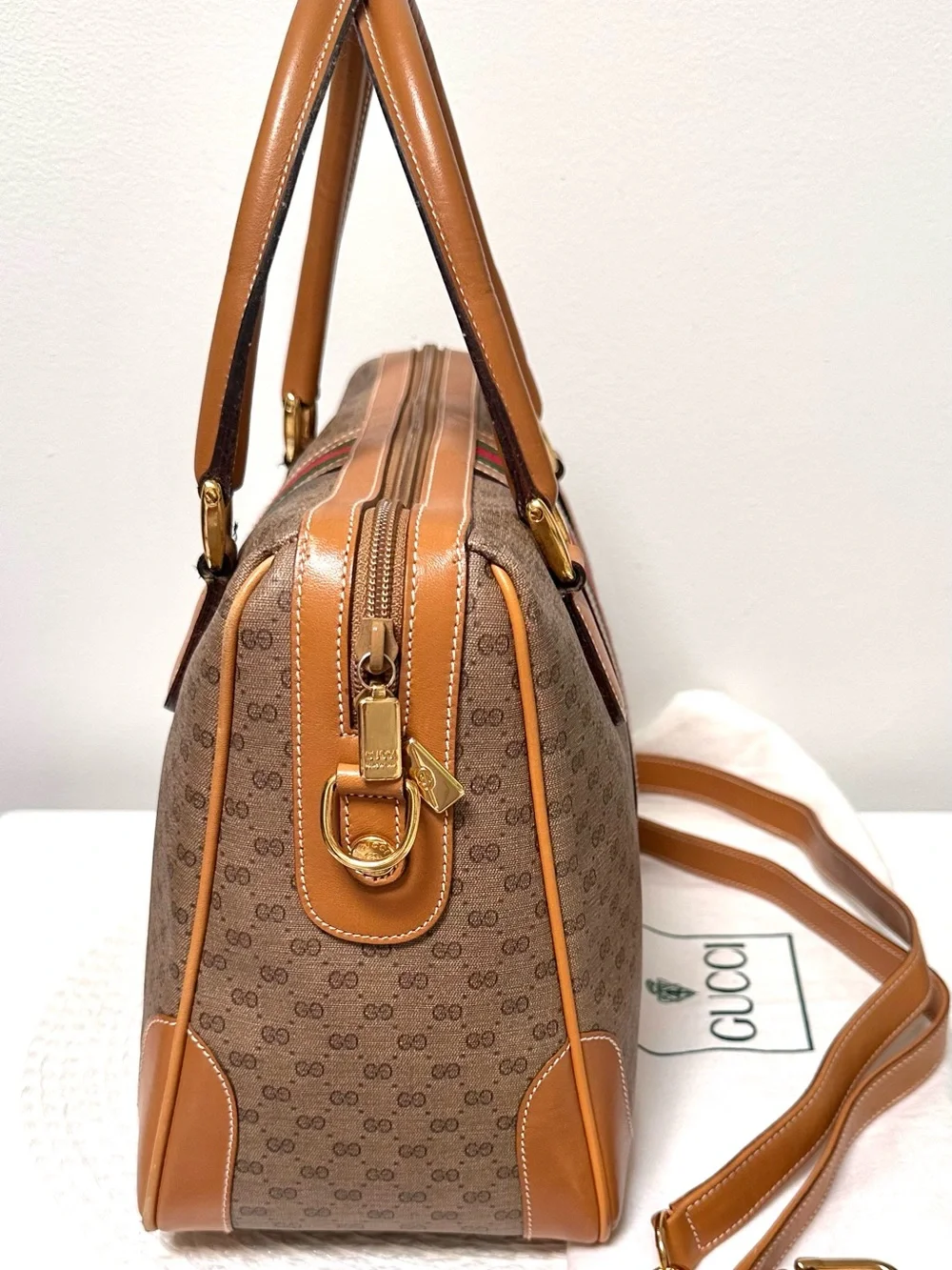 Gucci Tan GG Supreme 2-Way Satchel Boston Bag w/Green-Red Web Stripe Vintage